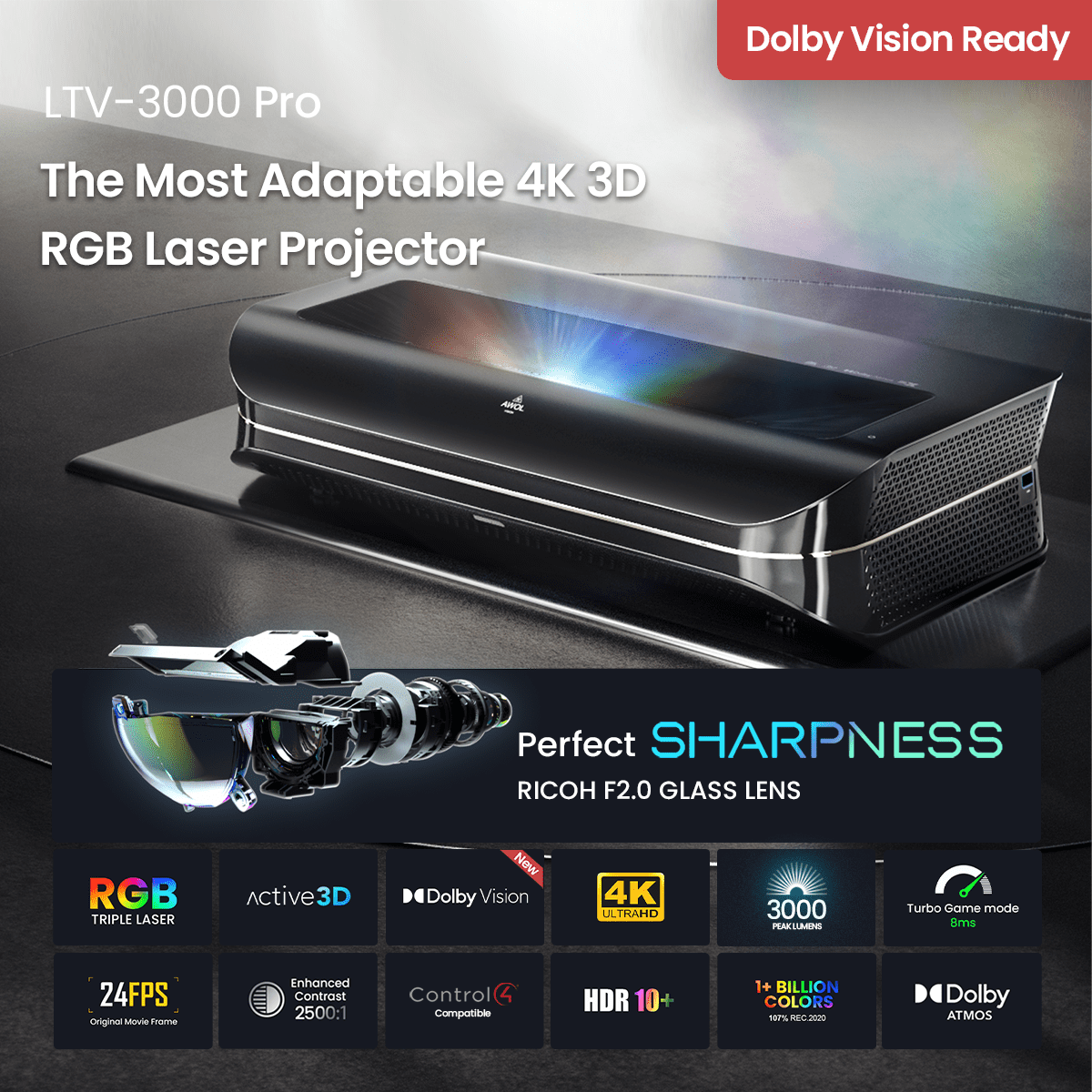 AWOL Vision LTV-3000 Pro 4K Ultra Short Throw Triple Laser Projector, 0.25:1 ratio