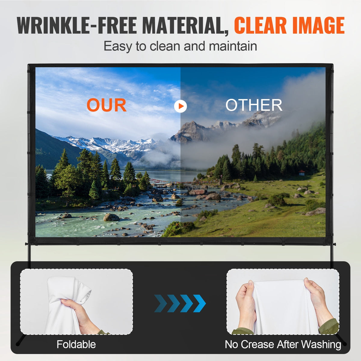 VEVOR Projector Screen with Stand,100 inch 16:9 4K 1080 HD Outdoor Movie Screen with Stand,Wrinkle-Free Projection Screen with Bar Feet and Carry Bag,for Home Theater Cinema Backyard Movie Night