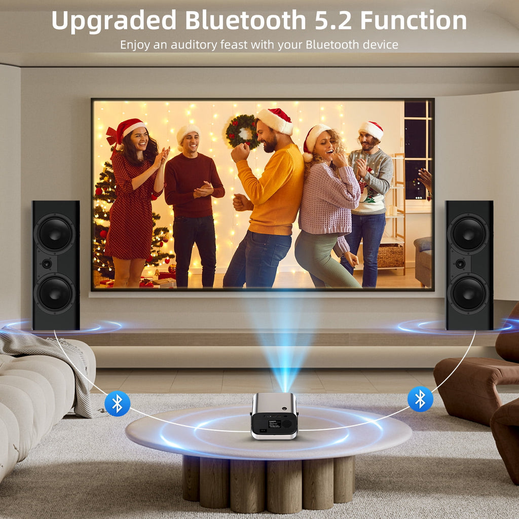Smart Projector, Native 1080P with 4K Support, WiFi Bluetooth, Auto Focus, Keystone Correction, 360° Stand, 300'' Display for Home Theater