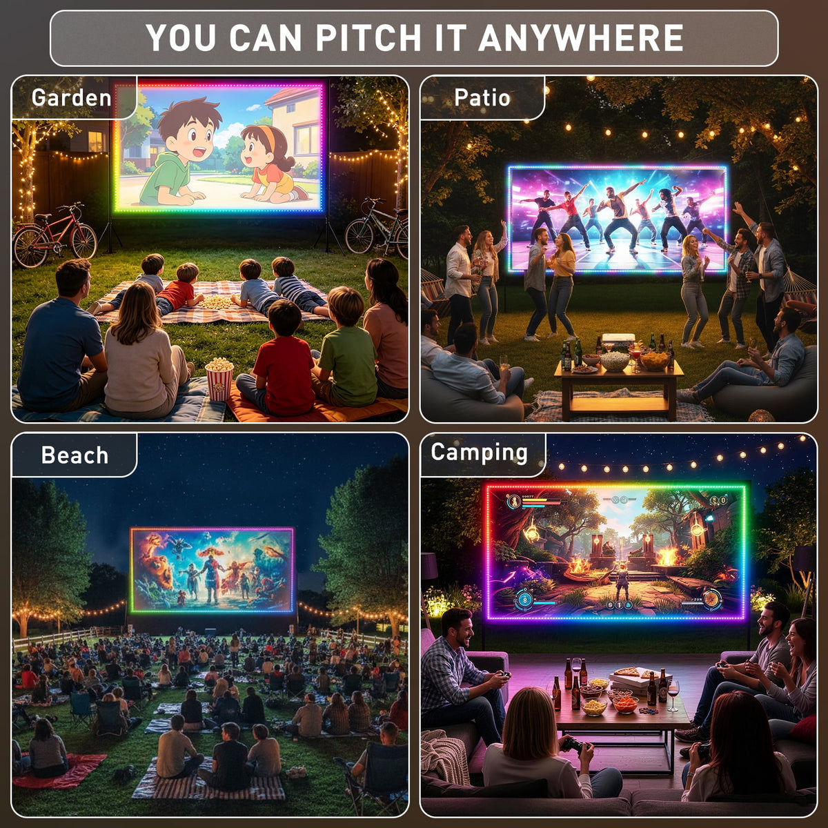 LED Projector Screen with Stand, 150 inch Indoor Outdoor Projection Screen, Portable 16:9 4K HD Rear Front Movie Screen with Carry Bag Wrinkle-Free Design for Home Theater Backyard Cinema